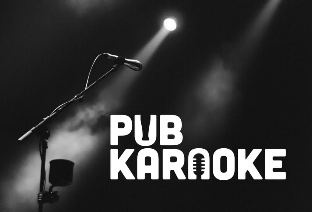 Dark room with Microphone and Pub Karaoke Logo