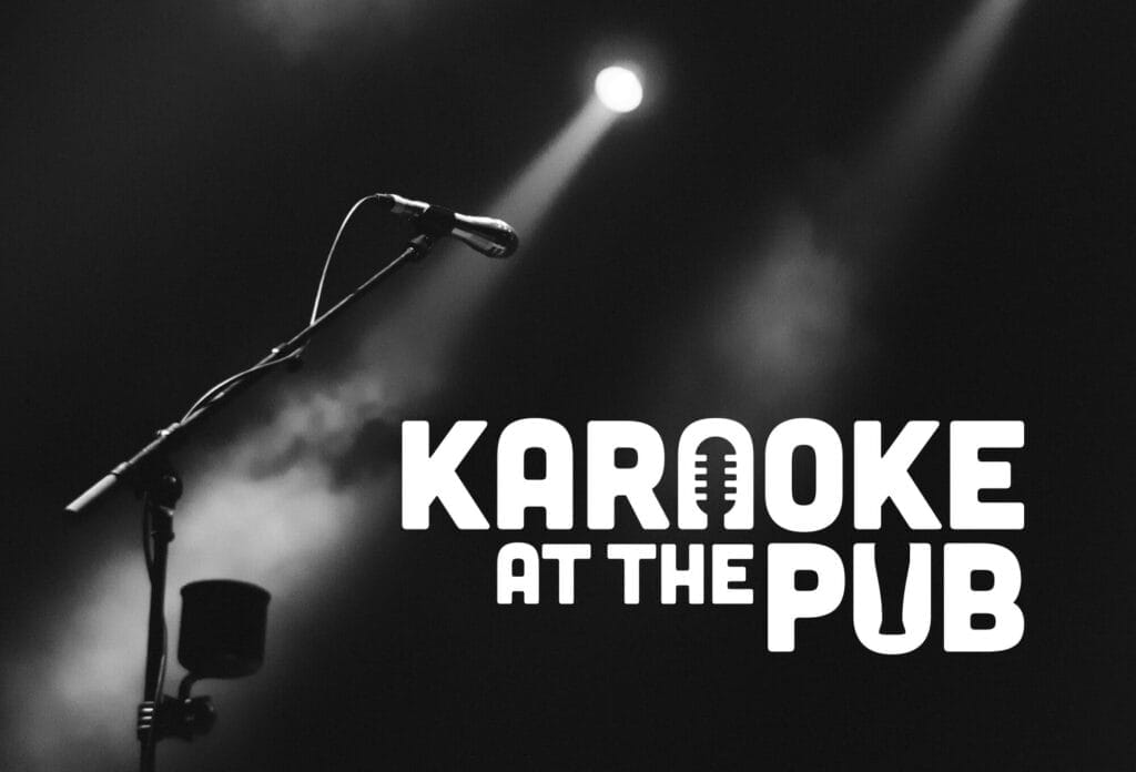 Dark room with Microphone and Karaoke at the Pub Logo